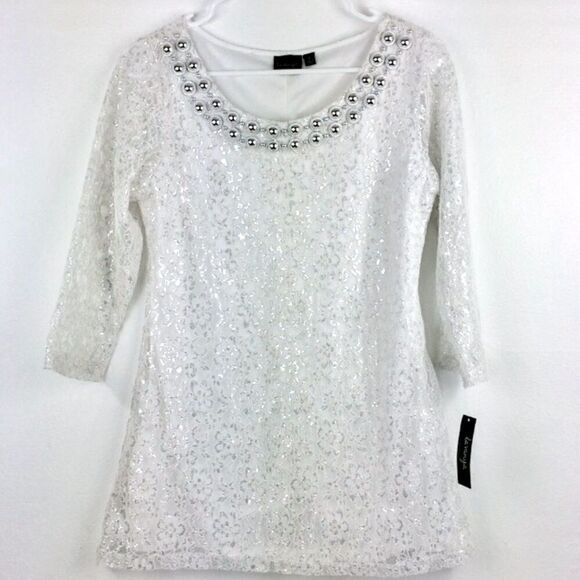 La Vanya NEW white lace silver embellished pullover tunic blouse - Picture 1 of 7